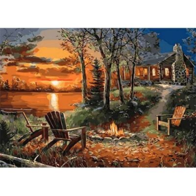 Pracht Creatives Hobby Diamond Painting Set, afbeelding met motief kampvuur aan het meer en accessoires, afmetingen ca. 35 x 25 cm, knutselset om te beschilderen met glittersteentjes voor kinderen vanaf 5 jaar Pracht Creatives Hobby Diamond Painting Set, afbeelding met motief kampvuur aan het meer en accessoires, afmetingen ca. 35 x 25 cm, knutselset om te beschilderen met glittersteentjes voor kinderen vanaf 5 jaar