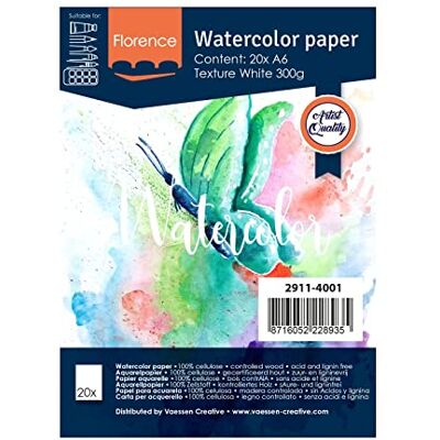 Creative 2911-4001 Florence Aquarelpapier A6, wit, 300 g/m² gestructureerd papier, 20 vellen voor aquarelschilderen, handbelettering en penseelletters Creative 2911-4001 Florence Aquarelpapier A6, wit, 300 g/m² gestructureerd papier, 20 vellen voor aquarelschilderen, handbelettering en penseelletters