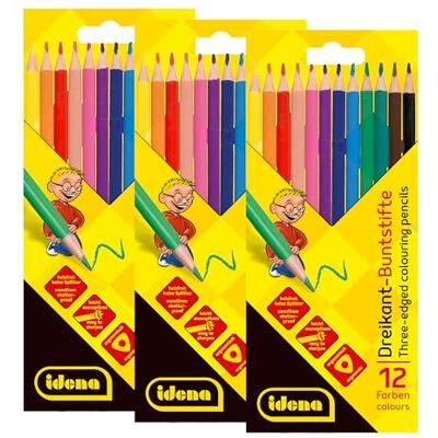Idena 90515-3 pakjes kleurpotloden in 12 kleuren, houtvrije kleurpotloden in ergonomische driehoekige vorm, verpakt in kartonnen doosje Idena 90515-3 pakjes kleurpotloden in 12 kleuren, houtvrije kleurpotloden in ergonomische driehoekige vorm, verpakt in kartonnen doosje