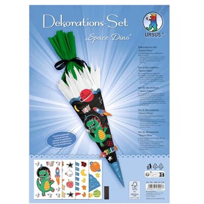 Ursus 988 00 22F Space Dino decoratieset, 4 vellen knutselkarton, aan beide zijden bedrukt, voorgestanst, gegroefd, voor het decoreren van een schoolkegel, met satijnen lint Ursus 988 00 22F Space Dino decoratieset, 4 vellen knutselkarton, aan beide zijden bedrukt, voorgestanst, gegroefd, voor het decoreren van een schoolkegel, met satijnen lint
