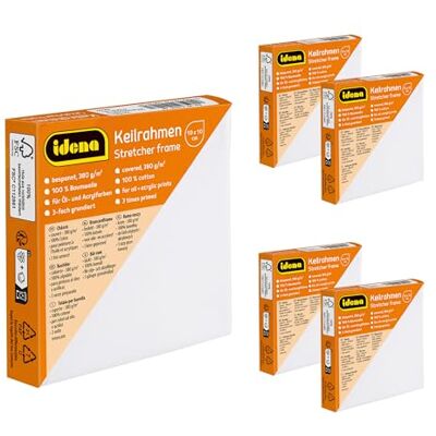 Idena 90559 Spanningrame met wit doek van 100% katoen, 5 stuks ca. 10 x 10 cm, gramgewicht 380 g/m², voor olieverf en acrylverf Idena 90559 Spanningrame met wit doek van 100% katoen, 5 stuks ca. 10 x 10 cm, gramgewicht 380 g/m², voor olieverf en acrylverf