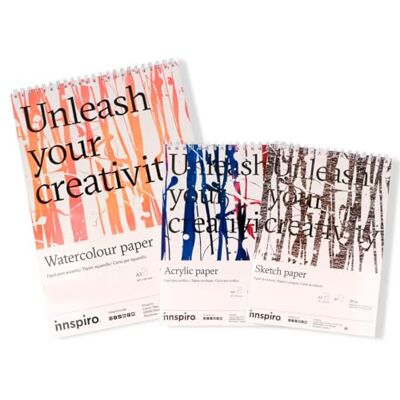 INNSPIRO Set van 3 papierblokken: aquarelpapier A3 300 g, acryl A4 400 g en schets A4 160 g, zuurvrij, ideaal voor kunstenaars en beginners, vochtige en droge technieken INNSPIRO Set van 3 papierblokken: aquarelpapier A3 300 g, acryl A4 400 g en schets A4 160 g, zuurvrij, ideaal voor kunstenaars en beginners, vochtige en droge technieken