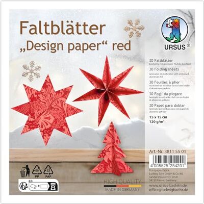 Ursus 3811 55 01 Vouwbladen "Designpapier" rood, 30 stuks, 15 x 15 cm, 120 g/m², aan beide zijden gelamineerd met aluminiumfolie in reliëf, knutselpapier voor origami, vouwen & decoratie Ursus 3811 55 01 Vouwbladen "Designpapier" rood, 30 stuks, 15 x 15 cm, 120 g/m², aan beide zijden gelamineerd met aluminiumfolie in reliëf, knutselpapier voor origami, vouwen & decoratie