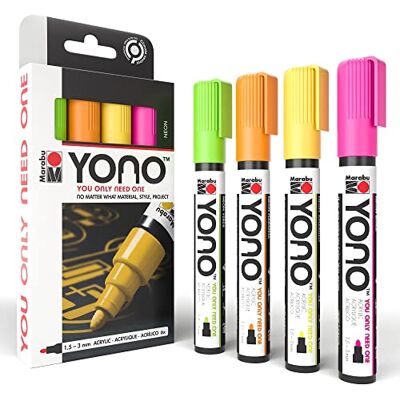 Marabu YONO 1240000004000 YONO Marker Set Neon met 4 kleuren, veelzijdige acrylstiften met Japanse ronde punt 1,5-3 mm, op waterbasis, lichtecht en waterbestendig, voor bijna alle ondergronden Marabu YONO 1240000004000 YONO Marker Set Neon met 4 kleuren, veelzijdige acrylstiften met Japanse ronde punt 1,5-3 mm, op waterbasis, lichtecht en waterbestendig, voor bijna alle ondergronden