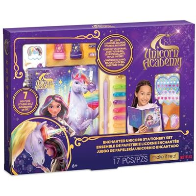 Make It Real : Unicorn Academy: Enchanted Unicorn Stationery Set 17pc Journal Kit, Gel Pens-Stickers-Erasers-Gems, Diary, Netflix Series, Kids 6+ Make It Real : Unicorn Academy: Enchanted Unicorn Stationery Set 17pc Journal Kit, Gel Pens-Stickers-Erasers-Gems, Diary, Netflix Series, Kids 6+