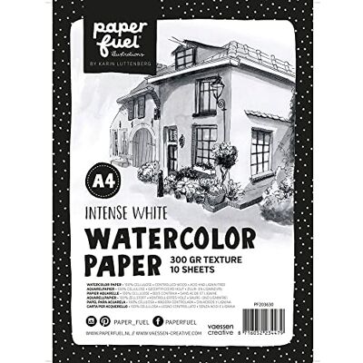 Paperfuel Aquarelpapierblok, wit, 300 g/m², 10 vellen, DIN A4, textuur, schetsboek voor aquarelschilderen, handlettering, penseelbelettering en ander knutselwerk Paperfuel Aquarelpapierblok, wit, 300 g/m², 10 vellen, DIN A4, textuur, schetsboek voor aquarelschilderen, handlettering, penseelbelettering en ander knutselwerk