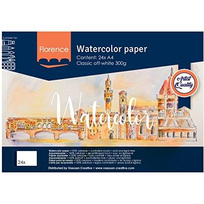 Creative Florence Aquarel Paper Pad A4, gebroken wit, 300 g/m², gestructureerd oppervlak, kunstenaarskwaliteit, schetsboek met 24 vellen voor schilderen, handbelettering en kunstprojecten Creative Florence Aquarel Paper Pad A4, gebroken wit, 300 g/m², gestructureerd oppervlak, kunstenaarskwaliteit, schetsboek met 24 vellen voor schilderen, handbelettering en kunstprojecten