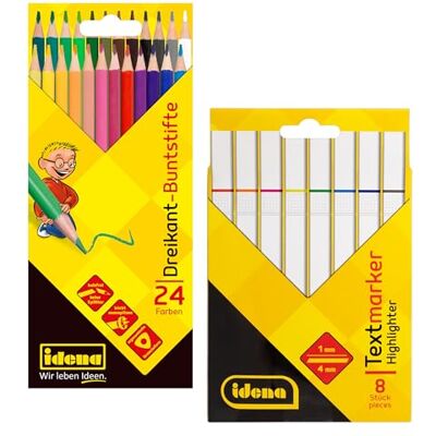 Idena 90959 Set met 24 kleurpotloden en 8 markeerstiften, kleurpotloden in ergonomische driehoekige vorm, markeerstiften met kegelpunt en lijndikte 1-4 mm Idena 90959 Set met 24 kleurpotloden en 8 markeerstiften, kleurpotloden in ergonomische driehoekige vorm, markeerstiften met kegelpunt en lijndikte 1-4 mm