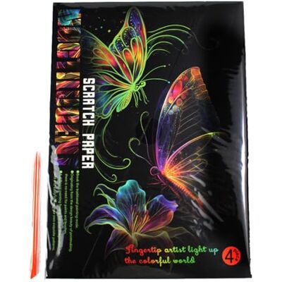 Pracht Creatives Hobby Krabplaatje vlinder met kraspen, 4 stuks, licht op in het donker, formaat ca. 28,5 x 21 cm, krabplaatjes voor kinderen en volwassenen Pracht Creatives Hobby Krabplaatje vlinder met kraspen, 4 stuks, licht op in het donker, formaat ca. 28,5 x 21 cm, krabplaatjes voor kinderen en volwassenen