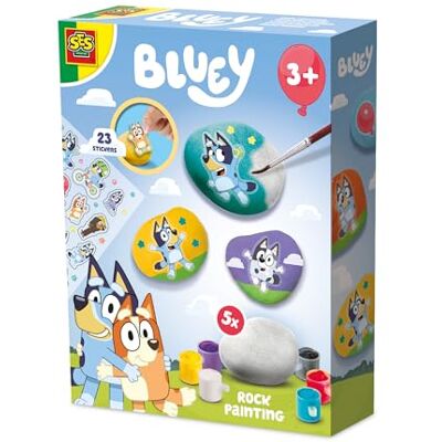 Creative – Bluey – steenschilderij – decoreren met Bluey stickers – bekend van de televisie – bestaande uit 5 witte stenen en 6 verfkleuren Creative – Bluey – steenschilderij – decoreren met Bluey stickers – bekend van de televisie – bestaande uit 5 witte stenen en 6 verfkleuren