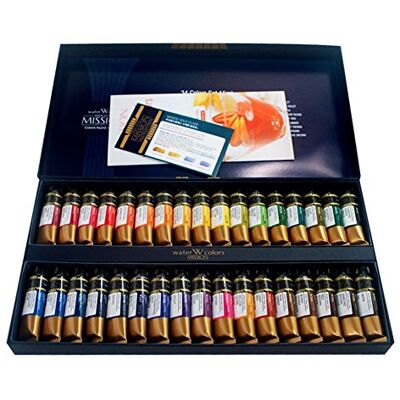 Mijello Honsell Mission Gold 86034 Aquarelverf, set met 34 tubes à 15 ml, geavanceerde aquarelverf voor kunstenaars, intensieve helderheid, zonder kobalt- of cadmiumpigmenten Mijello Honsell Mission Gold 86034 Aquarelverf, set met 34 tubes à 15 ml, geavanceerde aquarelverf voor kunstenaars, intensieve helderheid, zonder kobalt- of cadmiumpigmenten