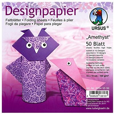 Ursus 22845599 Designpapier Amethist, 50 vellen in 10 verschillende motieven, ca. 15 x 15 cm, 100 g/m², aan beide zijden bedrukt, ideaal voor het vouwen van creatieve origami dieren Ursus 22845599 Designpapier Amethist, 50 vellen in 10 verschillende motieven, ca. 15 x 15 cm, 100 g/m², aan beide zijden bedrukt, ideaal voor het vouwen van creatieve origami dieren