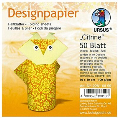Ursus 22816899 designpapier citrine, 50 vellen in 10 verschillende motieven, ca. 10 x 10 cm, 100 g/m², aan beide zijden bedrukt, ideaal voor het vouwen van creatieve origami dieren Ursus 22816899 designpapier citrine, 50 vellen in 10 verschillende motieven, ca. 10 x 10 cm, 100 g/m², aan beide zijden bedrukt, ideaal voor het vouwen van creatieve origami dieren