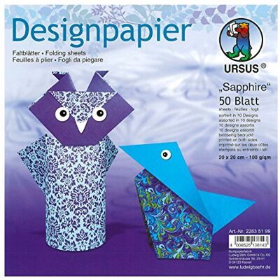 Ursus 22835199 Designpapier Sapphire, 50 vellen in 10 verschillende motieven, ca. 20 x 20 cm, 100 g/m², aan beide zijden bedrukt, ideaal voor het vouwen van creatieve origami dieren Ursus 22835199 Designpapier Sapphire, 50 vellen in 10 verschillende motieven, ca. 20 x 20 cm, 100 g/m², aan beide zijden bedrukt, ideaal voor het vouwen van creatieve origami dieren
