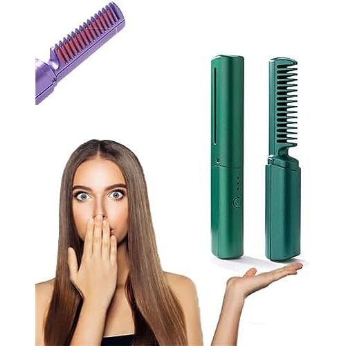 VALFIM 2023 New Rechargeable Mini Hair Straightener,2 in 1 Anti-Scald Hair Straightener Brush and Curler,Portable Travel Negative Ion Hair Straightener Comb for All Hair Type (Green)