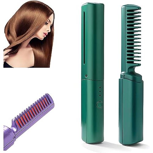 DMJHJY Rechargeable Mini Hair Straightener, Cordless Hair Straightener Brush, Portable Straightening Brush with Negative Ion, Hot Comb Hair Straightener for Women, Lightweight & Mini for Travel (Green)