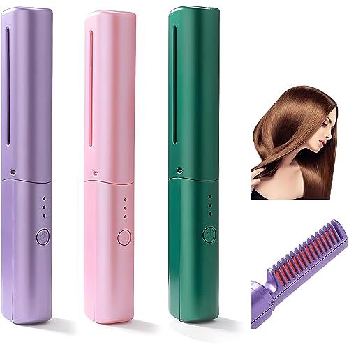 DMJHJY Rechargeable Mini Hair Straightener, Cordless Hair Straightener Brush, Portable Straightening Brush with Negative Ion, Hot Comb Hair Straightener for Women, Lightweight & Mini for Travel (3 Pcs)