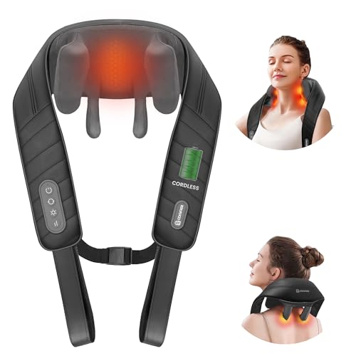 COMFIER Cordless Shiatsu massageapparaat voor nek en schouder, draadloos 4D rug- en nekmassageapparaat met warmte en trillingen, elektrisch massagekussen thuis en in de auto, ideaal geschenk