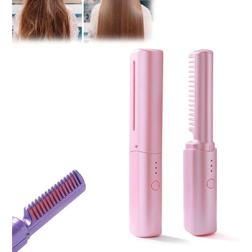 GodbTG Rechargeable Mini Hair Straightener, Rechargeable Hair Straightener, 2023 New Rechargeable Cordless Hair Straightener Brush, Portable Straightening Brush With Negative Iron (Pink)