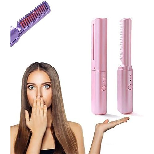 VALFIM 2023 New Rechargeable Mini Hair Straightener,2 in 1 Anti-Scald Hair Straightener Brush and Curler,Portable Travel Negative Ion Hair Straightener Comb for All Hair Type (Pink)