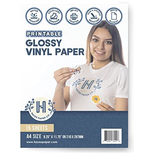 Hayes Paper Co. Afdrukbaar vinyl stickerpapier voor printer, A4-stickervellen om te bedrukken glanzend stickerpapier, waterdicht inkjetdrukpapier in glanzend wit (15 vellen)