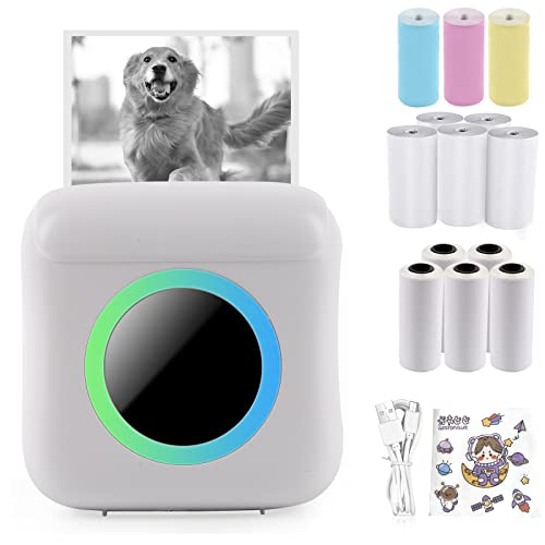 Roadtime Mini fotoprinter met 7 kleuren licht, draagbare thermische printer compatibel met iOS en Android, USB oplaadbare zakprinter met 1 sticker en 13 rollen afdrukpapier (wit)