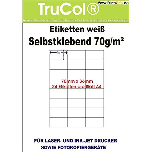 trucol Zelfklevende witte etiketten 70 x 36 op het formaat DIN A4 25, 100, 1000 vellen DIN A4, 70 g/m2, geschikt voor inkjetprinters, laserprinters en kopieerapparaten. 100 Blatt / 2400 Etiketten