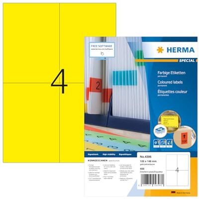 HERMA 4396 Gekleurde Etiketten A4 (105 x 148 mm, 100 velles, papier, mat) zelfklevend, bedrukbaar, permanent kleural etiketten, 400 etiketten voor printer, geel HERMA 4396 Gekleurde Etiketten A4 (105 x 148 mm, 100 velles, papier, mat) zelfklevend, bedrukbaar, permanent kleural etiketten, 400 etiketten voor printer, geel
