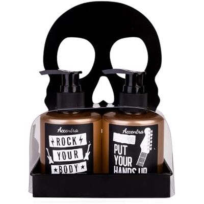 accentra Cadeauset Rockstar op metalen tray voor mannen, rockend doodskopdesign in zwart met 160 ml bad- en douchegel en 160 ml shampoo, sandelhoutgeur, cadeau-idee voor verjaardag en Vaderdag accentra Cadeauset Rockstar op metalen tray voor mannen, rockend doodskopdesign in zwart met 160 ml bad- en douchegel en 160 ml shampoo, sandelhoutgeur, cadeau-idee voor verjaardag en Vaderdag