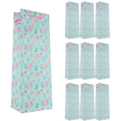 Idena 90236 Fleszakjes bloemen, 10 stuks, cadeauzakjes in de maat 12,5 x 35 x 9 cm, blauwe papieren zakjes met rozen Idena 90236 Fleszakjes bloemen, 10 stuks, cadeauzakjes in de maat 12,5 x 35 x 9 cm, blauwe papieren zakjes met rozen