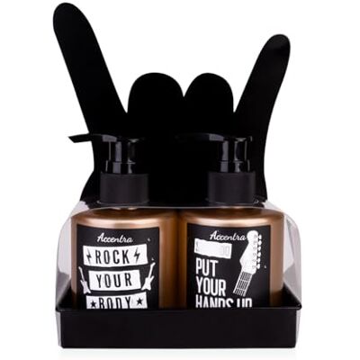 accentra Cadeauset Rockstar op metalen tray voor mannen, rocker Mano Cornuta design in zwart met 160 ml bad- en douchegel en 160 ml shampoo, sandelhoutgeur, cadeau-idee voor verjaardag en Vaderdag accentra Cadeauset Rockstar op metalen tray voor mannen, rocker Mano Cornuta design in zwart met 160 ml bad- en douchegel en 160 ml shampoo, sandelhoutgeur, cadeau-idee voor verjaardag en Vaderdag