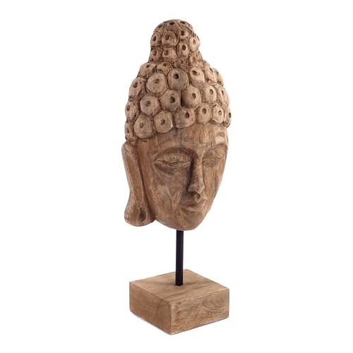 CREEDWOOD Boeddha SCULPTUUR   mangohout   decoratief masker, Boeddha figuur, houten Boeddha beeld, Boeddha hoofd op voetstuk, staand figuur