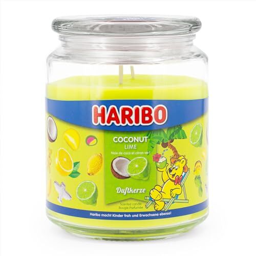 HARIBO Geurkaars in glas met deksel   Coconut Lime   geurkaars kokos   kaarsen lange brandduur (100 h)   kaarsen groen   geurkaars groot (510 g)