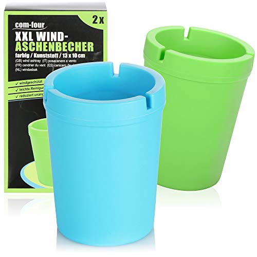 com-four ® 2x XXL asbakken voor buiten windasbakken stormbekers met deksel auto-asbakken, Ø 10 cm (groen + blauw)