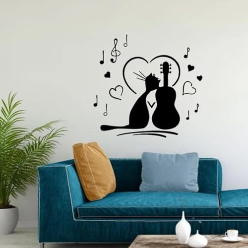 SHELOG Kat sticker gitaar muziek muur sticker bladmuziek katten en muziek muurstickers kat muur decor muziek muur decor vinyl huis kamer decor