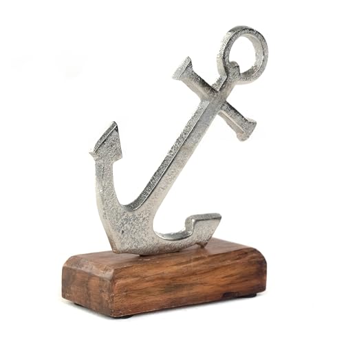 DESIGN DELIGHTS Maritiem, mangohout, metaal, 15,5 cm, ankersculptuur op sokkel, metalen sculptuur, scheepsanker figuur