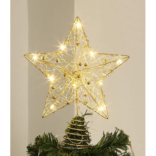 SOBEAU 25 cm kerstboompiek, ster voor het versieren van de kerstboom, kerstboomtopper, ster, topper van metaal, voor kerstboom, goud