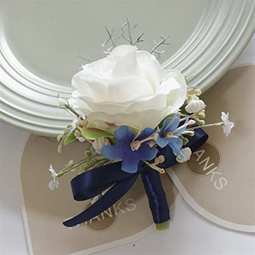 GLOYETIS Haar polsbloemen, haar huwelijk, haar bloemen Blauw Wit Pols Bloem Corsage Bruiloft Accessoire Bruids Bruidsmeisje Handgemaakte Kunstbloem Armband Corsages (Kleur: F-Corsage) (Color : Acorsage)