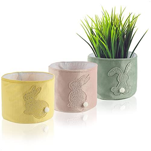 com-four ® 3x Paasplantenbakken Paasmand met paashaas om cadeau te geven schattige geschenkmanden met paasmotief voor het begin van de lente Ø 16cm (groen geel roze)