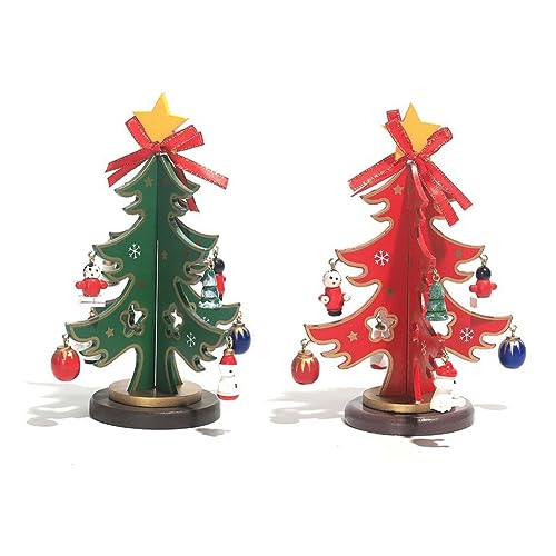 Durratou Kerstdecoraties, 2 stuks, kleine kerstboomdecoraties, mini-tafeldecoraties van hout, voor kerstboom, rood en groen