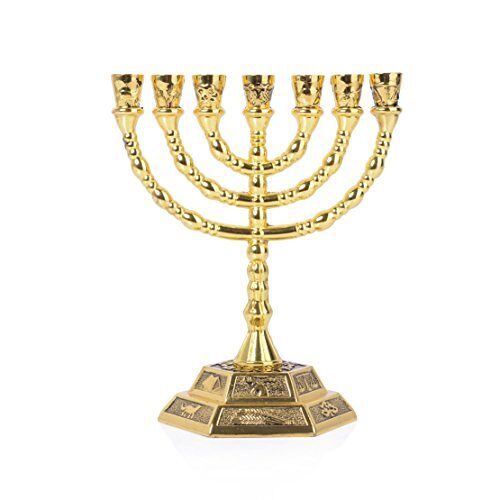 BRTAGG menorah 7 tak, Joodse kandelaar, 12 stammen van Israël, hoogte 12,7 cm, goud