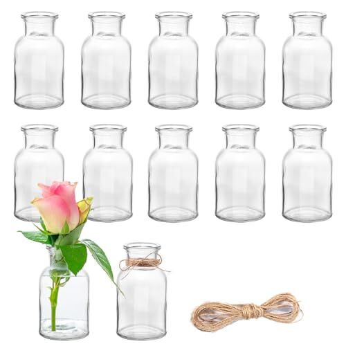 DATEFUN 12 stuks mini-glazen vazen, 125 ml kleine vazen met jute koord, bloemenvazen, tafelvazen, glazen vazen, decoratieve flessen, glazen flesjes voor tafeldecoratie, middenstukken, bruiloftsdecoraties