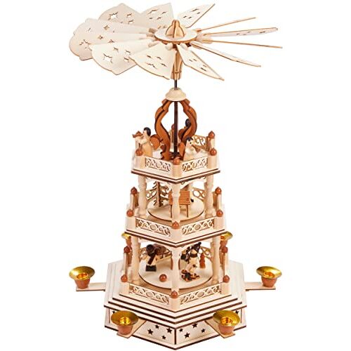 BRUBAKER Kerstpiramide 3-tier Roterende Houten Piramide Kerstdecoratie met 3 Etages 44 cm Hoog Handgeschilderde Figuren Kerst Natuur Bruin