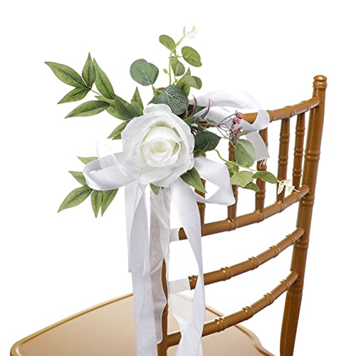 SMLJFO Bruiloft Gangpad Stoel Decoraties Set van 6 Bruiloft Boog Bloemen Gangpad Pew Bloemen Decor Stoel Terug Decoratie Kunstmatige Rose Bloem met Linten voor Bruiloft Ceremonie Kerk Stoel