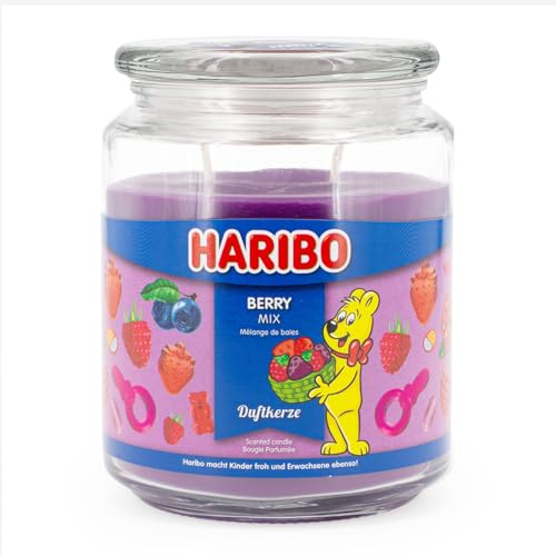 HARIBO Geurkaars in glas met deksel, Berry Mix, geurkaars fruitig, kaarsen lange brandduur (100 uur), paarse kaarsen, geurkaars groot (510 g)