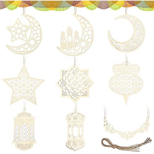 ENDOH Ramadan decoratie houten hanger decoraties voor Ramadan, 10 stuks decoraties voor Eid Mubarak DIY decoraties, decoraties houten hangers, Ramadan Mubarak Eid DIY decoraties