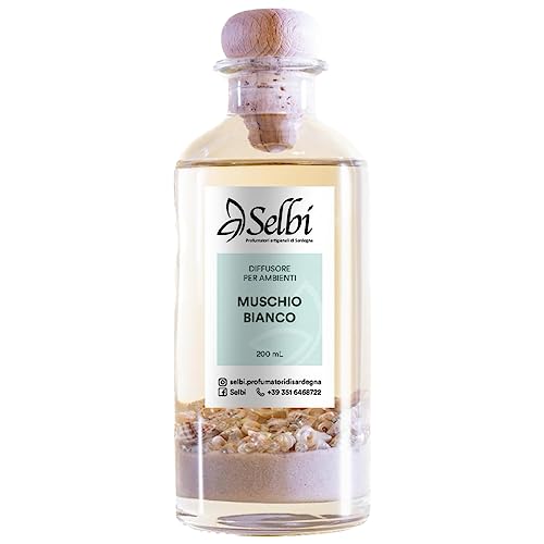 Selbi 200 ml White Musk handgemaakte kamerparfumeur, frisse en delicate geur, diffuser met rotanstokjes en gipsen schelpen