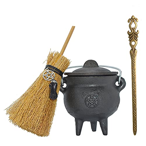 Generic Altaar kit: Gietijzeren Ketel met Pentagram (3.7" Dia), Wand & Wicca Bezem, Ideaal voor vlekken, Wierook Branden, Ritueel Doel, Decoratie, Halloween Decoratie, enz., Wicca Altaar Supplies