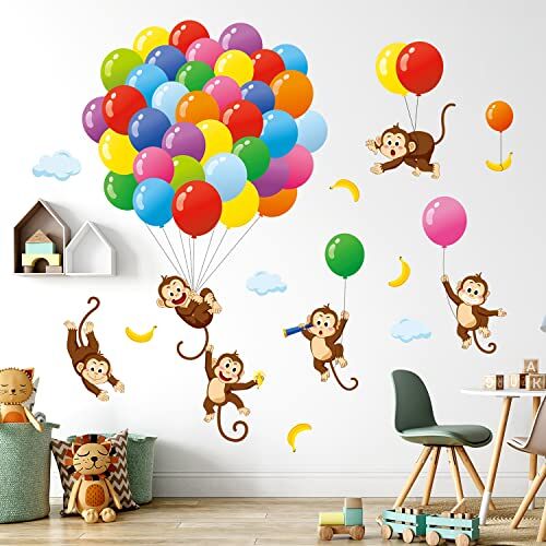 DECOWALL SG-2202 Ballonnen en apen muurstickers Kids muurstickers Peel en Stick kwekerij decor verwisselbare kwekerij jongen dier baby