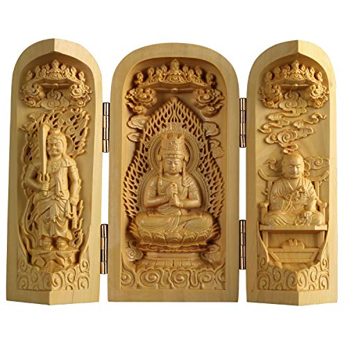 Vinbcorw Boeddhabeeld massief houtsnijwerk, houtsnijwerk Boeddha Mini Sankai Boeddha Fudo Myoo Mini Boeddhabeeld Guardian Monument Figuur drie open Boeddha decoratief beeld,A1